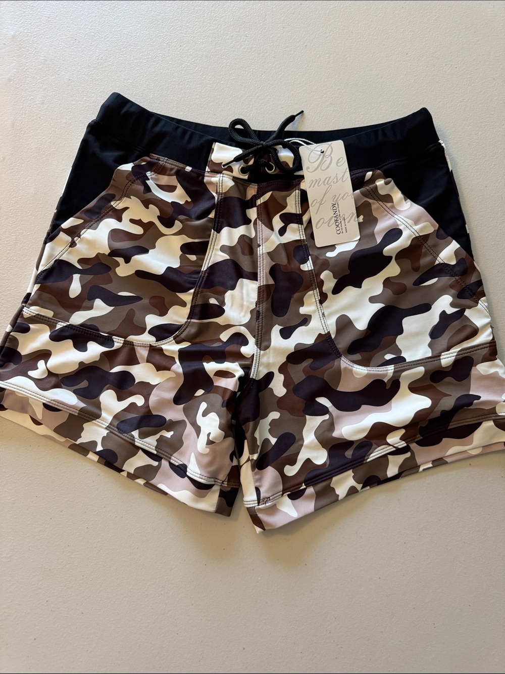 Men's Brown Camo Swim Trunks with Black Waistband